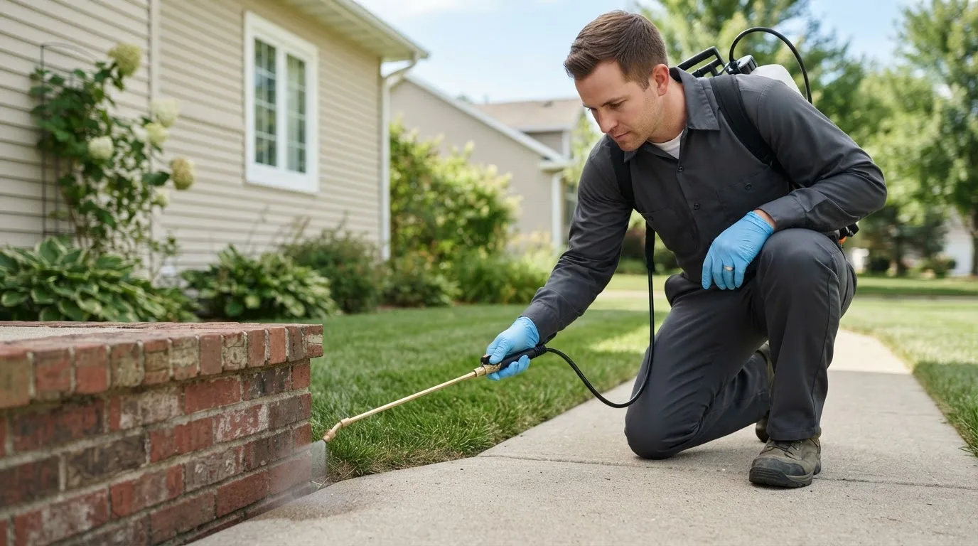 Pest control technician treating a home near Masonville, IA