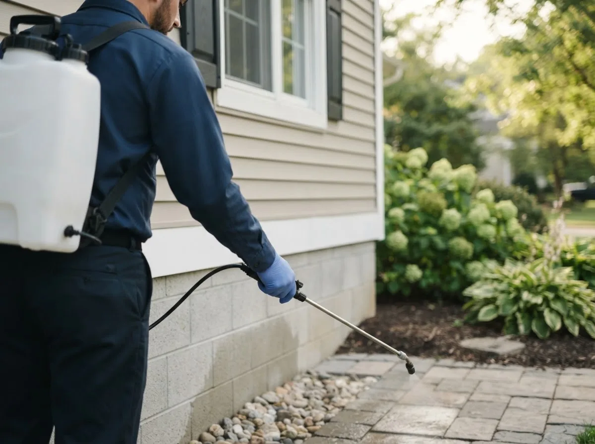 Pest control technician inspecting a home in Masonville, IA